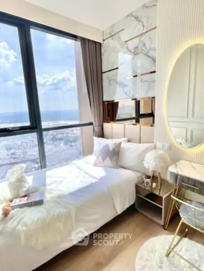 Luxurious bedroom with stunning city view and elegant decor