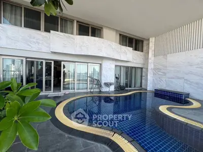 Luxurious modern balcony with private pool and stunning city view