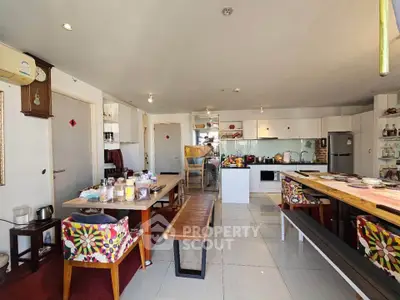 Spacious kitchen with vibrant decor and modern appliances in open layout