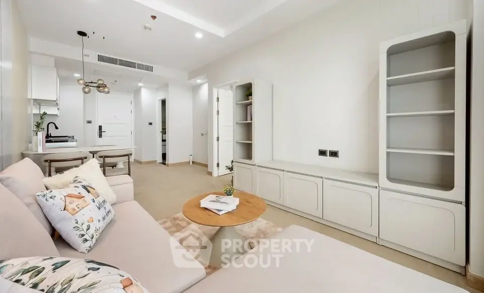 Modern living room with cozy sofa and stylish decor in a bright apartment