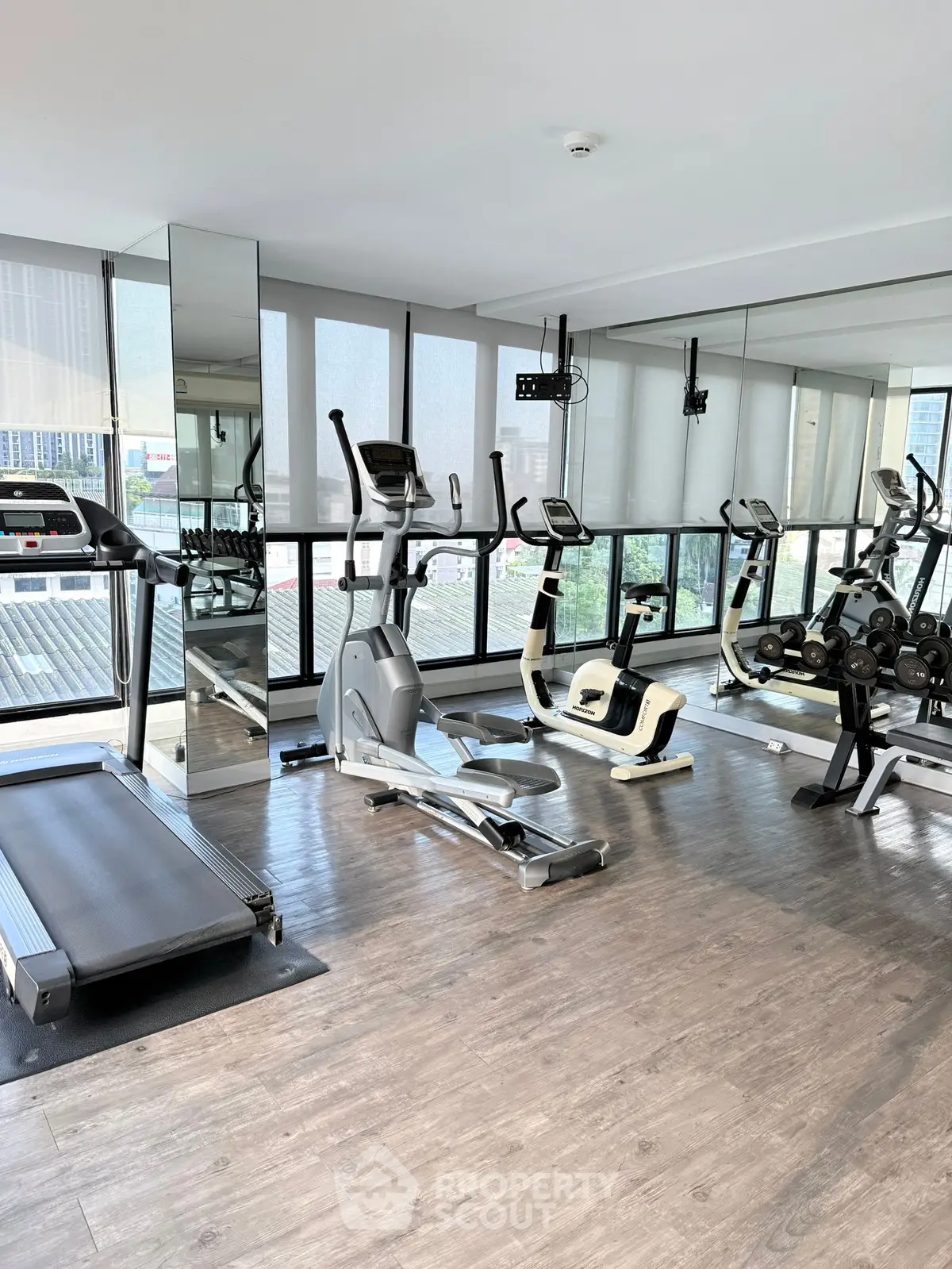 Modern gym with city view, featuring treadmills, elliptical machines, and weights, ideal for fitness enthusiasts.