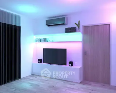 Modern living room with ambient lighting and sleek entertainment setup