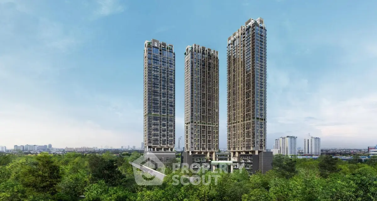 Stunning high-rise residential towers with lush greenery and city skyline views.