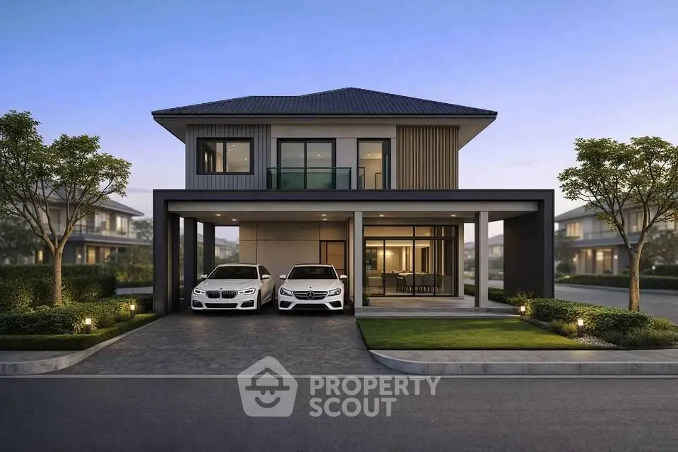 Modern two-story house with sleek design and double garage in a serene neighborhood.