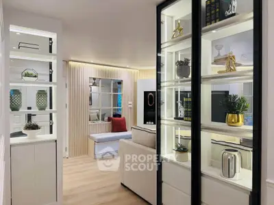 Modern living room with stylish shelving and cozy seating area