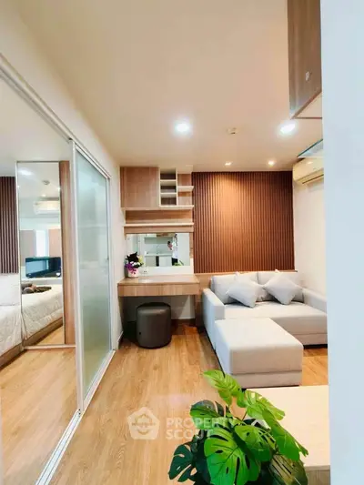 Modern living room with cozy sectional sofa and stylish decor