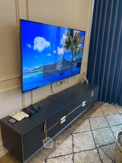 Modern living room with sleek TV setup and stylish decor