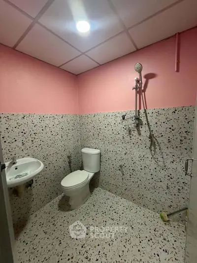 Modern bathroom with terrazzo flooring and pink walls, featuring a shower and toilet.