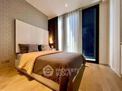 Luxurious modern bedroom with elegant decor and floor-to-ceiling windows