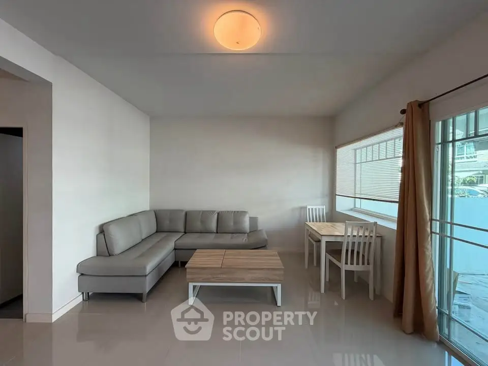 Modern living room with sleek gray sofa and wooden coffee table