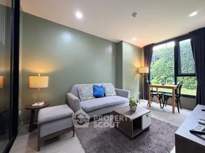 Stylish living room with modern furniture and large window view