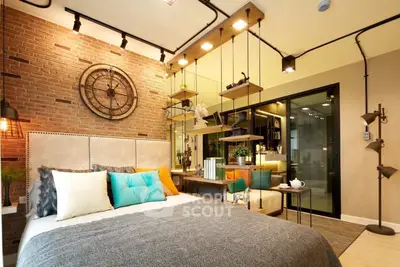 Modern bedroom with industrial design, exposed brick wall, and stylish lighting.
