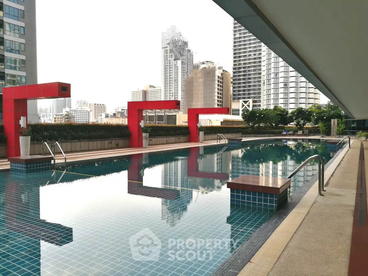 Luxurious rooftop pool with stunning city skyline views in modern urban setting.