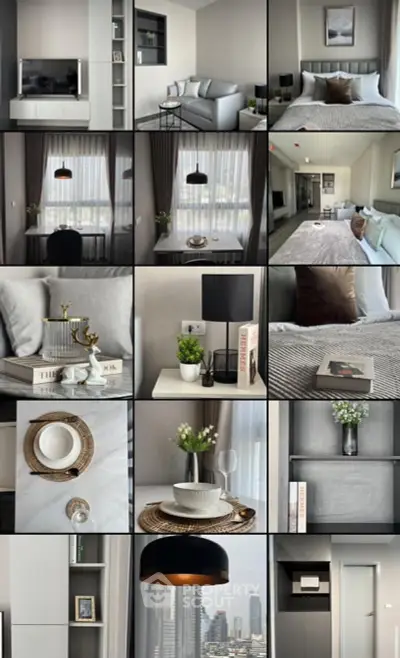 Modern apartment interior with stylish decor and city views, featuring a cozy living area and elegant bedroom.