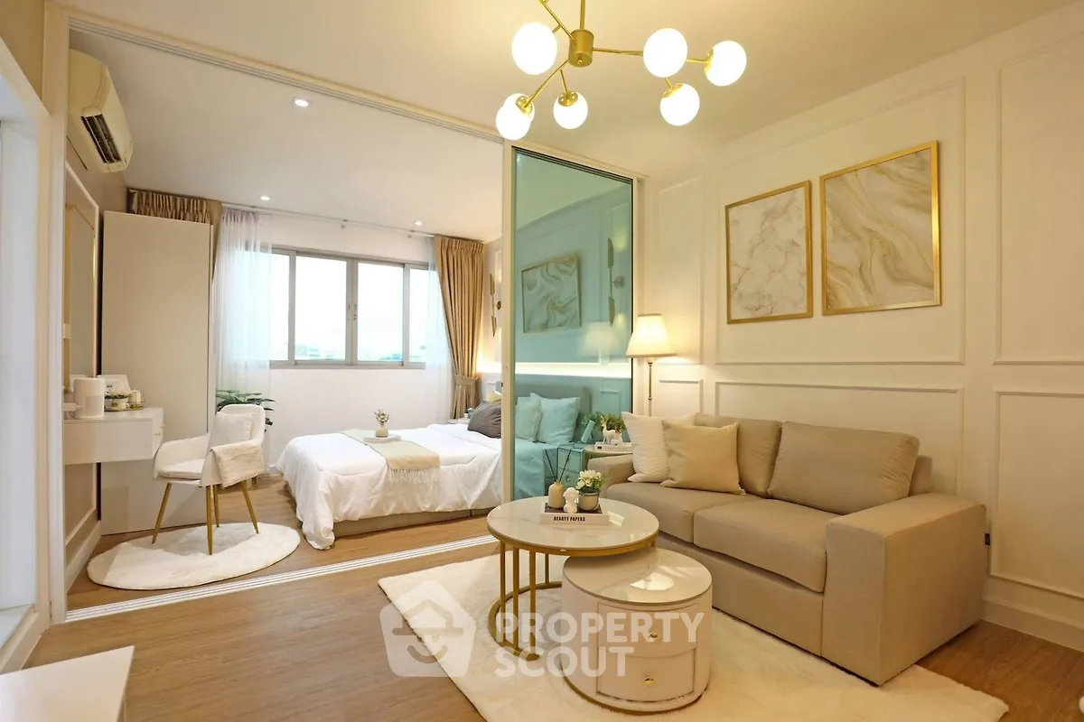 Elegant modern living room with cozy beige sofa and stylish decor