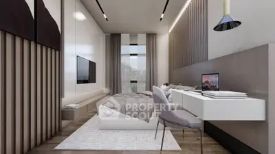 Modern bedroom with sleek design, featuring a cozy bed, wall-mounted TV, and stylish workspace.