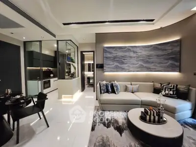 Luxurious modern living room with elegant decor and open kitchen layout, perfect for stylish urban living.