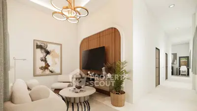 Modern living room with stylish decor and large TV, featuring cozy seating and elegant lighting.