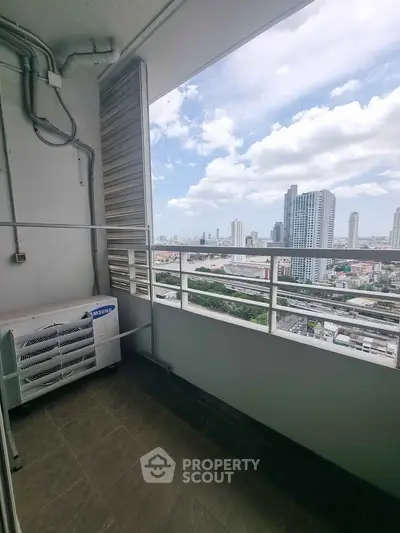 High-rise balcony with stunning cityscape view and air conditioning unit.