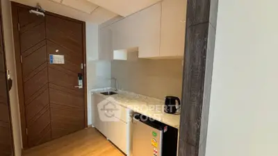 Modern compact kitchen with marble countertop and wooden door