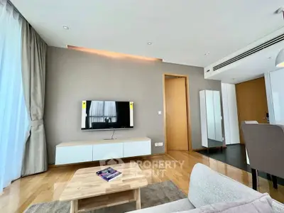 Modern living room with sleek furniture and natural light, featuring a wall-mounted TV and stylish decor.