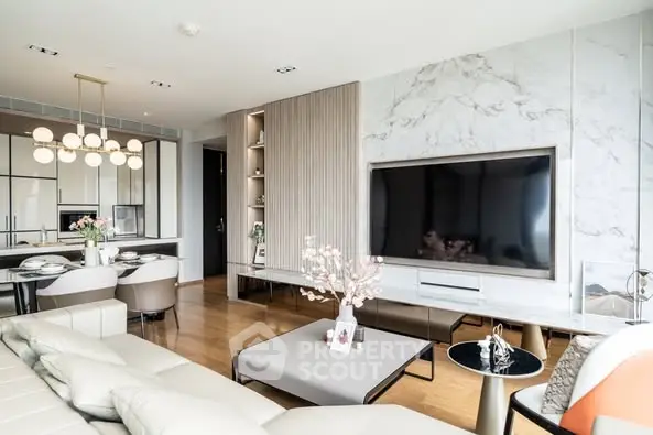 Luxurious modern living room with elegant decor and open kitchen layout