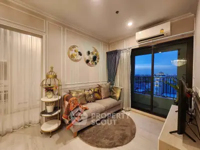 Elegant living room with modern decor and stunning city view from balcony