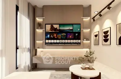 Modern living room with stylish decor, wall-mounted TV, and elegant lighting, perfect for contemporary living.