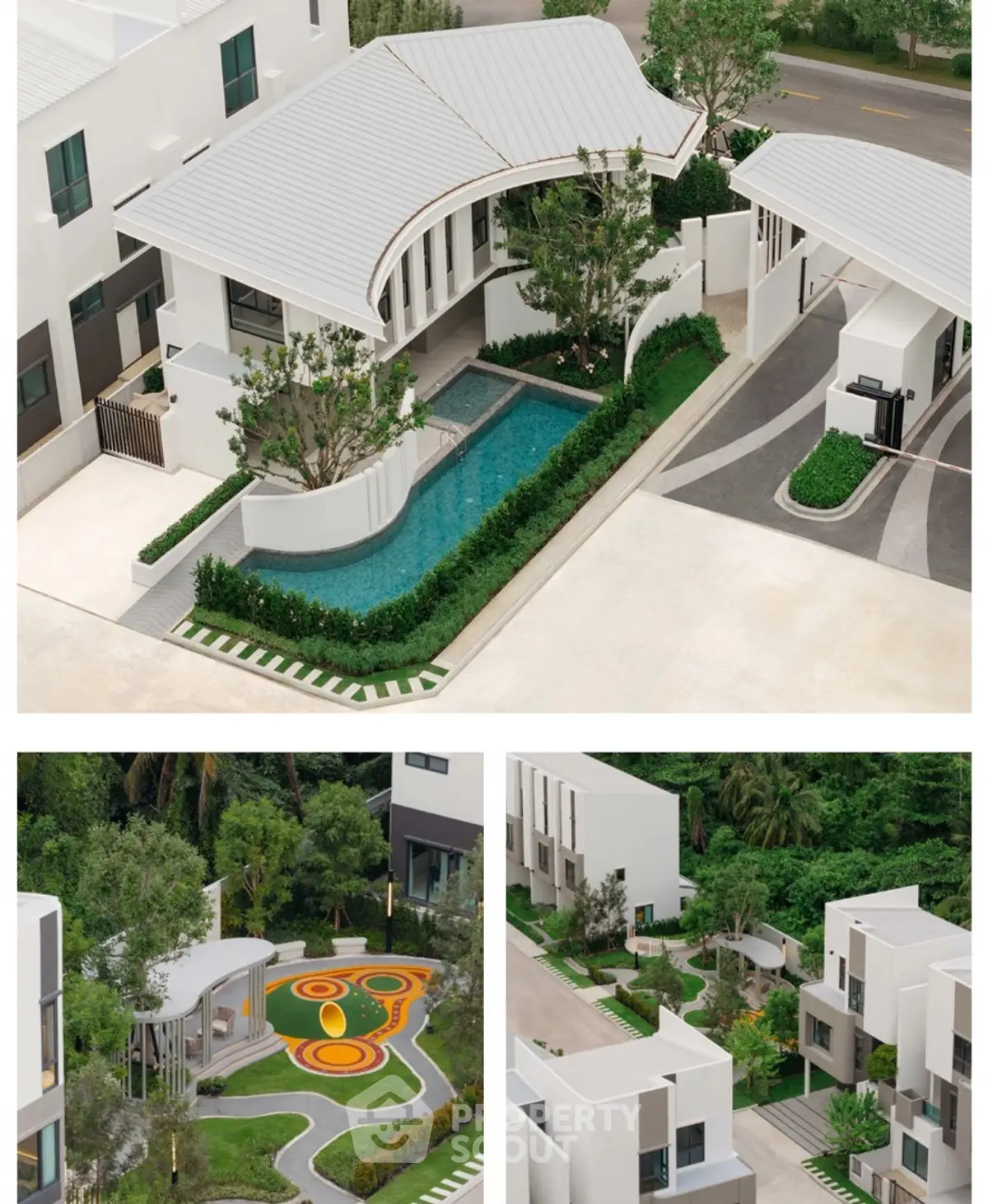 Modern residential complex with pool, lush greenery, and unique architectural design.