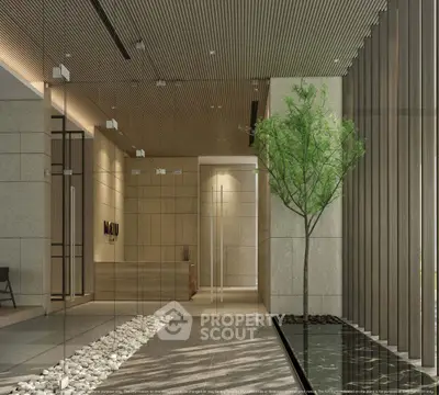 Elegant modern building entrance with sleek design and natural elements