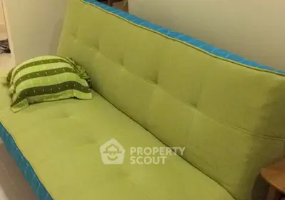 Cozy green sofa with decorative pillow in modern living room setting.
