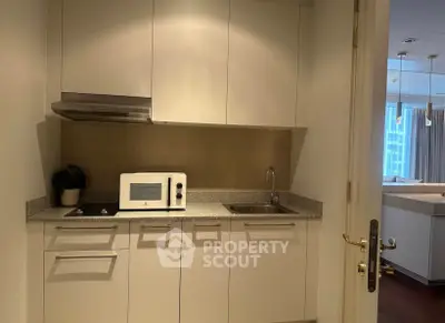 Modern compact kitchen with microwave and sleek cabinetry in a stylish apartment.