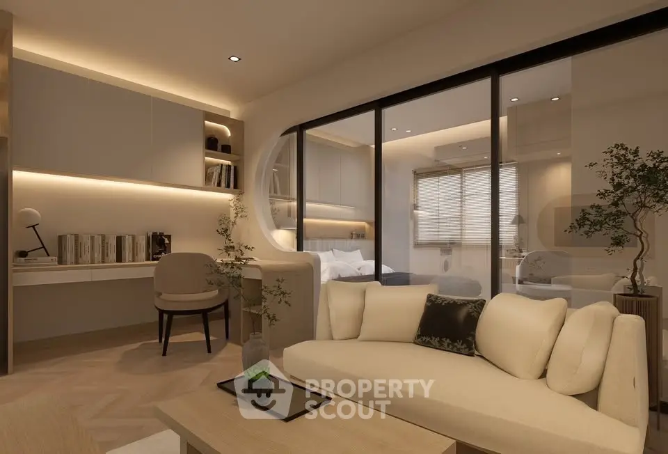 Modern living room with elegant decor and cozy seating area