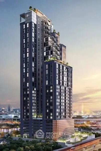 Stunning modern high-rise building with lush rooftop gardens and panoramic city views.