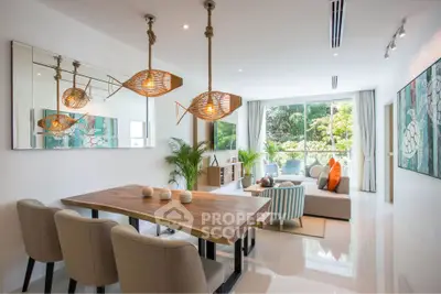 Modern living room with elegant dining area and large windows overlooking lush greenery.