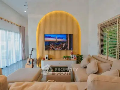 Luxurious living room with modern decor and ambient lighting