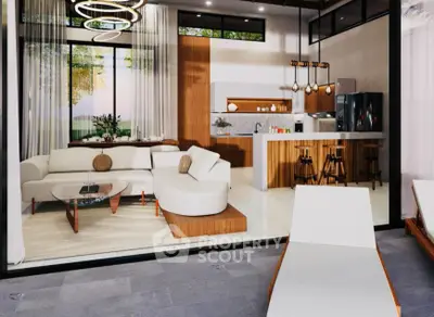 Luxurious open-plan living room and kitchen with modern design and elegant furnishings.