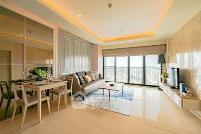 Luxurious living room with elegant decor and stunning city view from large windows.