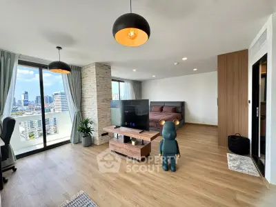 Spacious modern living room with city view and stylish decor