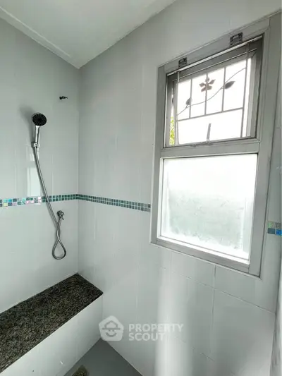 Modern bathroom with sleek shower and natural light through frosted window