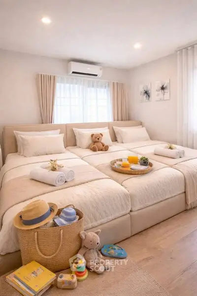 Charming bedroom with cozy twin beds, soft lighting, and playful decor, perfect for a relaxing retreat.