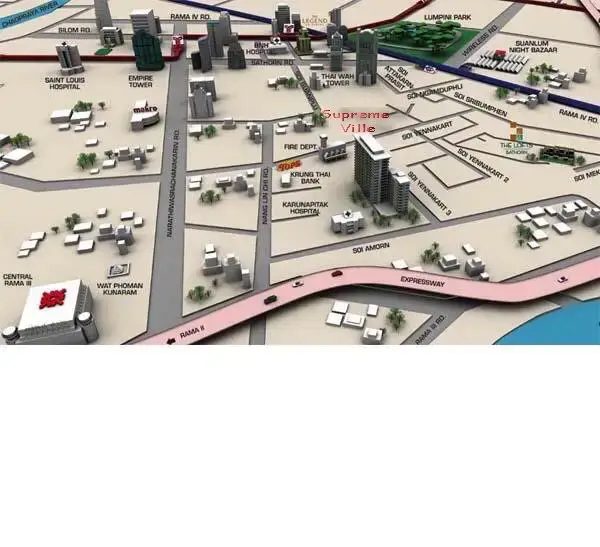 3D map visualization of urban real estate development with key landmarks and roads.