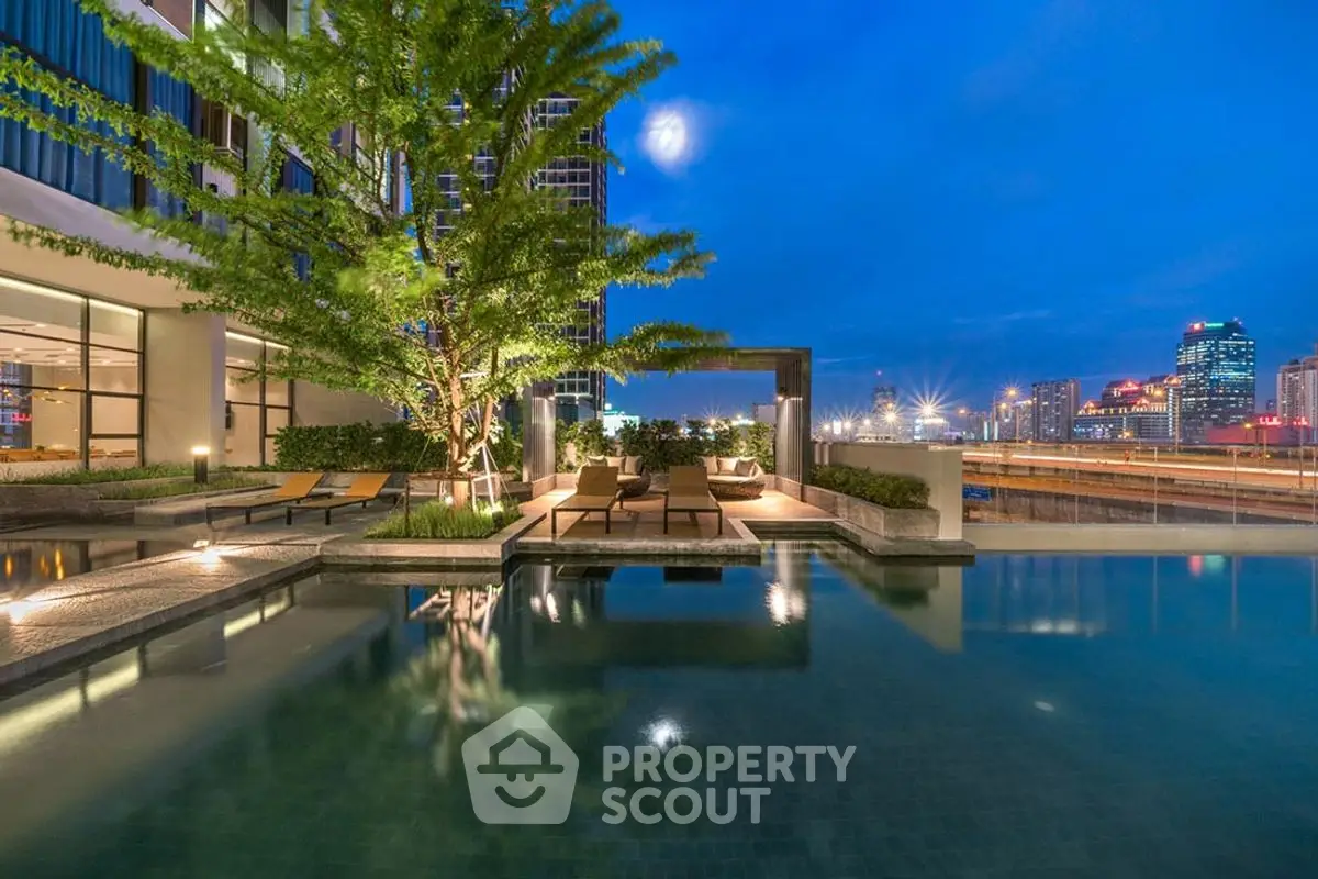 Luxurious rooftop pool with stunning city skyline view at dusk.