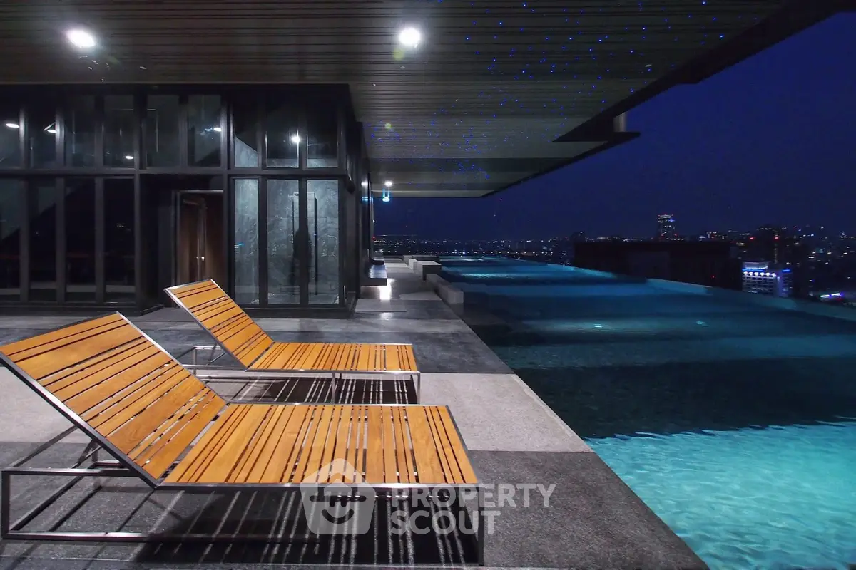 Luxurious rooftop infinity pool with stunning city skyline view at night