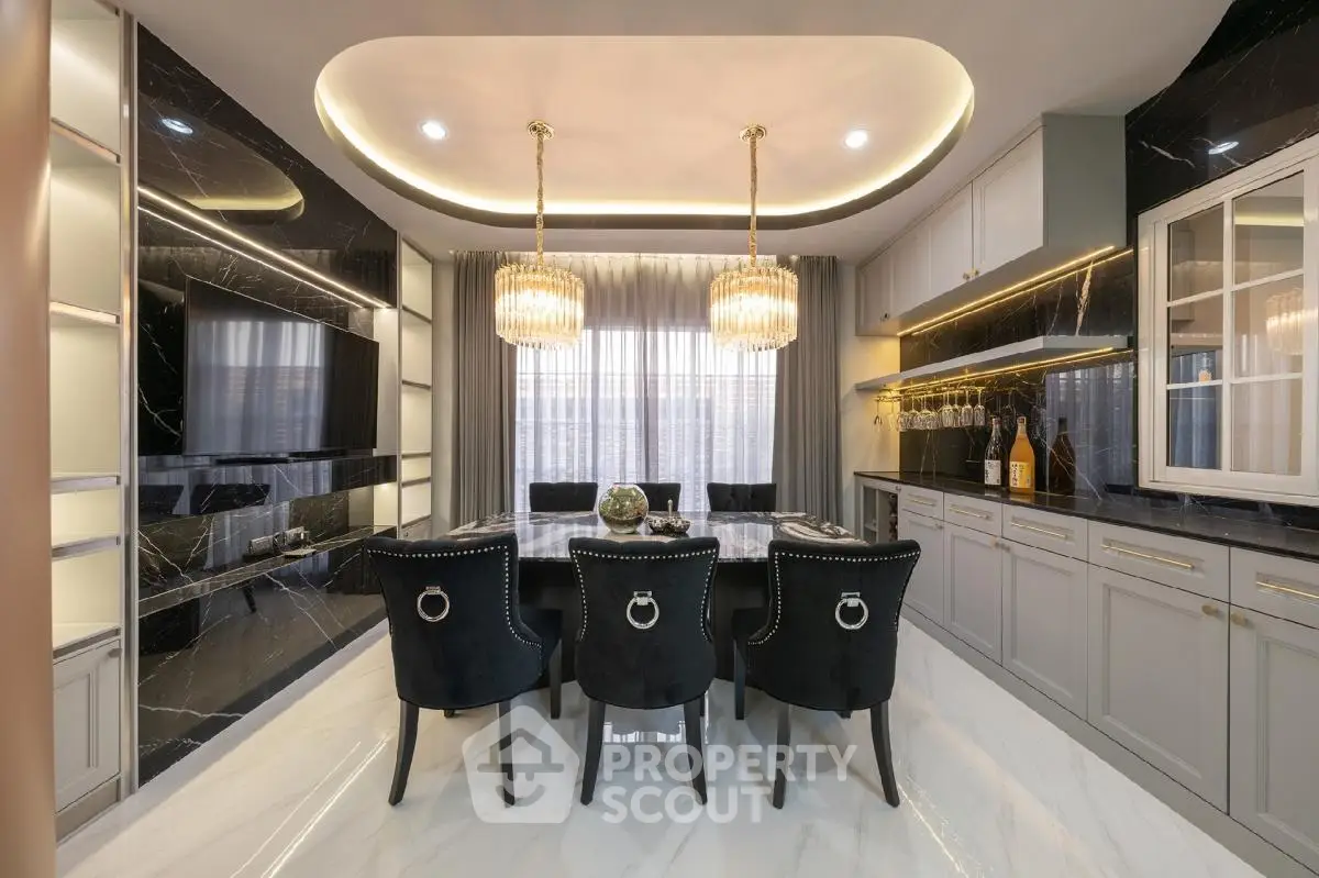 Luxurious dining room with elegant lighting and modern decor