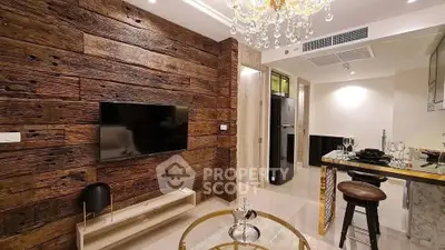 Luxurious living room with rustic wood accent wall and modern kitchen