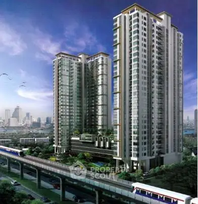 Stunning high-rise residential towers with city skyline view and lush greenery.