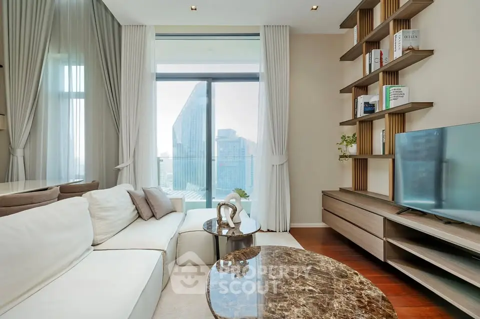 Luxurious modern living room with city view, elegant decor, and stylish furniture.