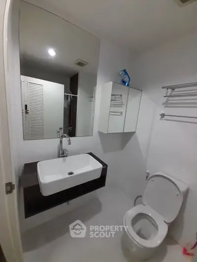 Modern bathroom with sleek fixtures and large mirror in a contemporary apartment.