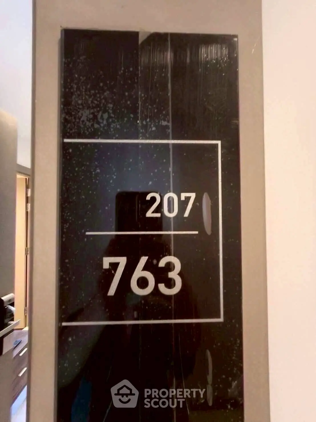 Modern apartment door with sleek design and room number 207 763 displayed prominently.